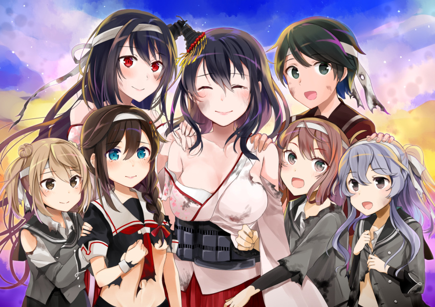 6+girls :d ^_^ arm_at_side asagumo_(kantai_collection) bangs bare_shoulders black_hair black_serafuku black_shirt blue_eyes blush braid breasts brown_eyes brown_hair burnt_clothes cleavage clenched_hand closed_eyes closed_mouth clouds cloudy_sky collarbone detached_sleeves dirty_face double_bun eyebrows_visible_through_hair facing_viewer floral_print fusou_(kantai_collection) green_eyes green_hair hair_between_eyes hair_flaps hair_ornament hair_over_shoulder hair_ribbon hairband hairpin hand_on_another's_head hand_on_another's_shoulder happy_tears headband headgear height_difference hug japanese_clothes kantai_collection kimono large_breasts lavender_hair light_particles long_hair long_sleeves looking_at_viewer michishio_(kantai_collection) mogami_(kantai_collection) multiple_girls navel neckerchief no_bra open_clothes open_mouth own_hands_together ponytail red_eyes red_neckwear red_ribbon remodel_(kantai_collection) ribbon school_uniform serafuku shigure_(kantai_collection) shirt short_hair short_sleeves sidelocks single_braid sky small_breasts smile stomach swept_bangs tareme tears torn_clothes torn_kimono torn_shirt torn_sleeves two_side_up unbuttoned under_boob white_hairband white_kimono yamagumo_(kantai_collection) yamashiro_(kantai_collection) yuna_(yukiyuna)