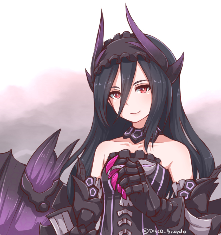 1girl bangs bare_shoulders black_dress black_eclipse_dragon_princess black_hair blush bright_pupils claws closed_mouth commentary detached_collar disco_brando dress gore_magala hair_between_eyes hairband horns long_hair looking_at_viewer monster_hunter monster_hunter_4 red_eyes smile solo twitter_username upper_body wings