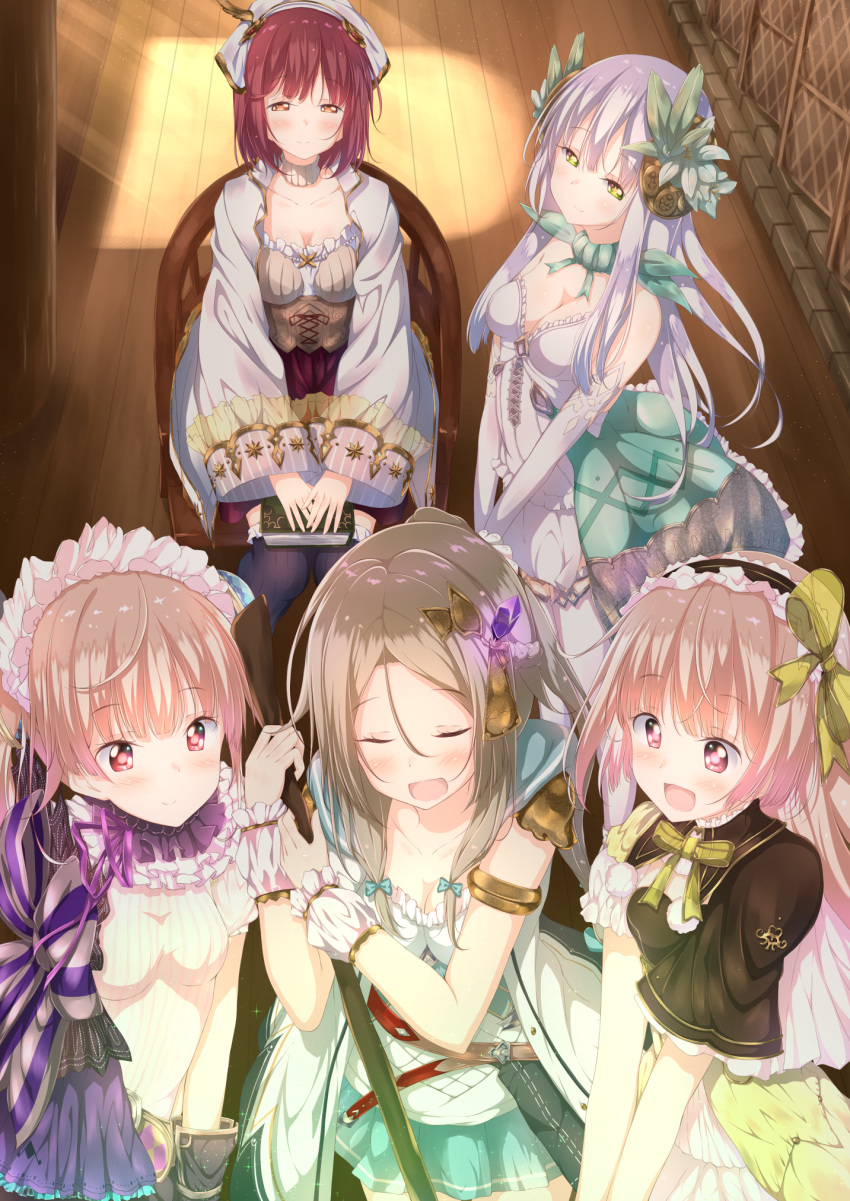 +_+ 5girls :d aqua_bow armlet atelier_(series) atelier_firis atelier_lydie_&amp;_suelle atelier_sophie bare_shoulders black_legwear blush book bow braid breasts brown_eyes brown_hair chair cleavage closed_eyes closed_mouth collarbone corset dress elbow_gloves eyebrows_visible_through_hair firis_mistlud frilled_legwear from_above gloves green_eyes hair_between_eyes hair_ornament hairband head_scarf head_tilt headdress highres indoors lavender_hair lolita_hairband long_hair long_sleeves looking_at_another lydie_marlen medium_breasts multiple_girls numpopo open_mouth own_hands_together pink_eyes pink_hair plachta_(atelier) ponytail short_sleeves sidelocks sitting skirt smile sophie_neuenmuller sparkle standing suelle_marlen sunlight thigh-highs v_arms very_long_hair white_dress white_gloves wooden_floor yellow_bow