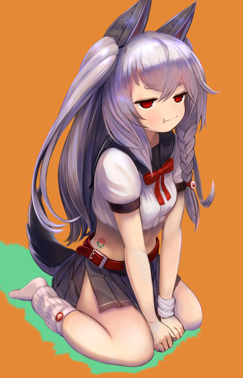 1girl :t animal_ears azur_lane bangs belt belt_buckle braid breasts buckle closed_mouth crop_top enumiyan eyebrows eyebrows_visible_through_hair facing_away fake_animal_ears gradient gradient_background grey_skirt hair_between_eyes hair_ornament half-closed_eyes heart highres jitome lavender_hair long_hair midriff miniskirt no_pupils orange_background paw_print pleated_skirt puffy_short_sleeves puffy_sleeves red_belt red_eyes red_neckwear red_ribbon ribbon sailor_collar school_uniform serafuku shirt short_sleeves side_braid side_slit sitting skirt small_breasts solo straight_hair tail tattoo thick_eyebrows two_side_up v_arms very_long_hair wariza white_legwear white_shirt wolf_ears wolf_tail wristband yuudachi_(azur_lane)