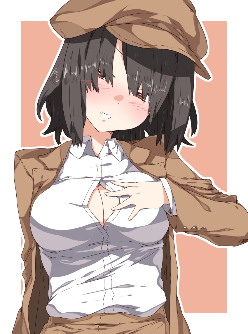 1girl absurdres black_hair blush breasts buttons cabbie_hat cleavage collared_shirt forbidden_scrollery hand_on_own_chest hat head_tilt highres kz_oji long_sleeves looking_at_viewer medium_breasts open_clothes open_shirt red_eyes shameimaru_aya shirt smile solo touhou two-tone_background upper_body white_shirt wing_collar