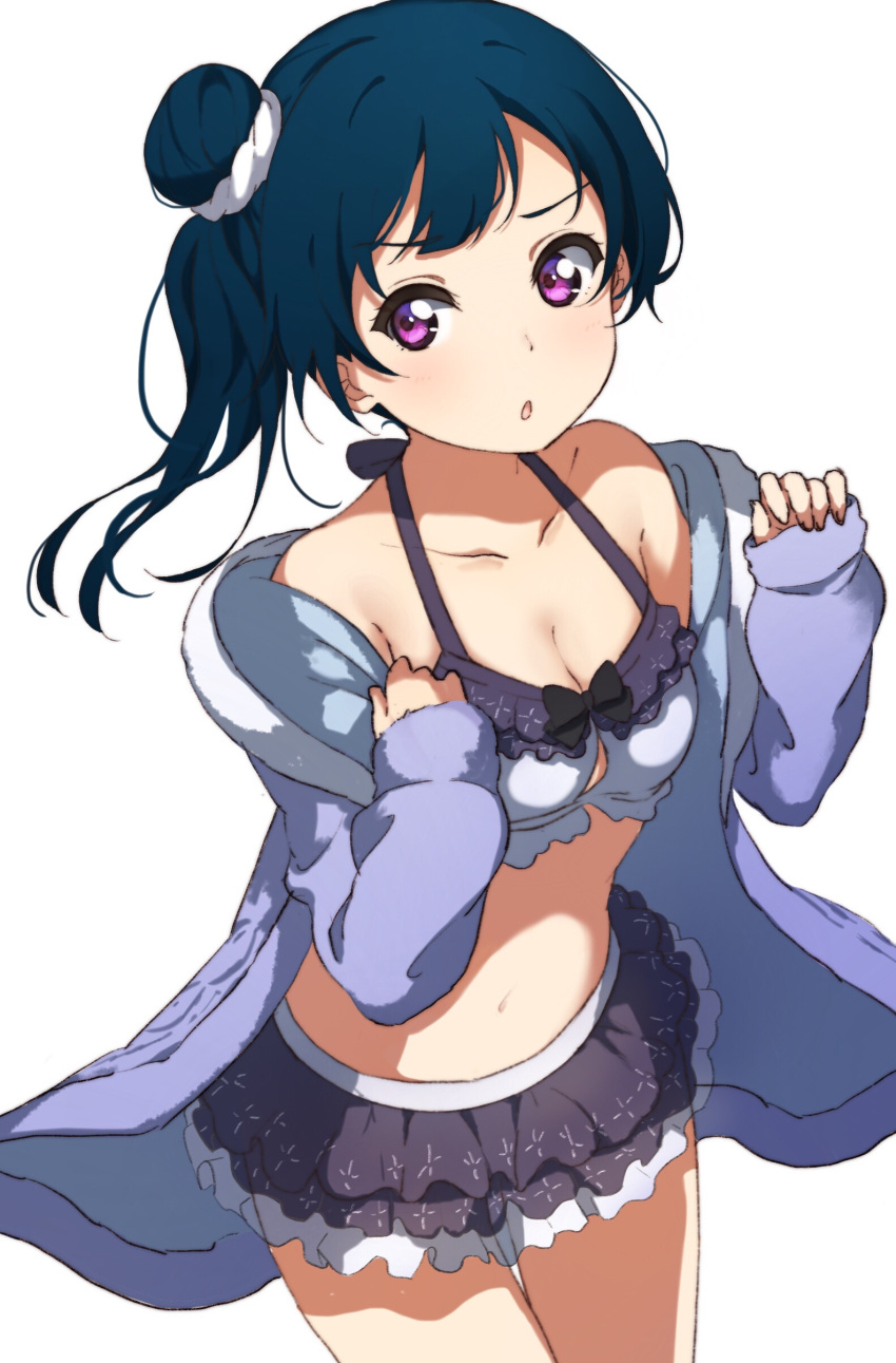 &gt;:o 1girl absurdres alternate_hairstyle bangs bare_shoulders bikini bikini_skirt blue_hair breasts cleavage clenched_hand collarbone cowboy_shot halterneck highres icehotmilktea jacket long_hair looking_at_viewer love_live! love_live!_sunshine!! medium_breasts midriff navel open_mouth side_bun side_ponytail sleeves_past_wrists solo swimsuit tsushima_yoshiko violet_eyes white_background white_scrunchie
