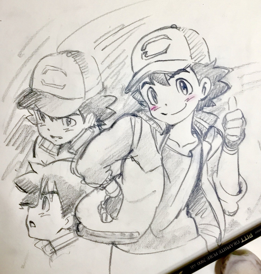 1boy baseball_cap character_sheet fingerless_gloves gloves graphite_(medium) hand_on_hip hat highres jacket kaneko_shizue male_focus pokemon pokemon_(anime) satoshi_(pokemon) smile thumbs_up traditional_media