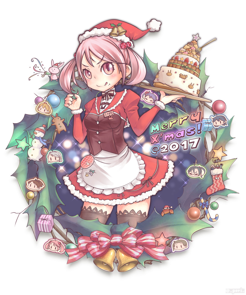 &gt;:) 1girl akebono_(kantai_collection) alternate_costume amagiri_(kantai_collection) ayanami_(kantai_collection) bell cake commentary_request dress food fork hair_bobbles hair_ornament hat highres holding juliet_sleeves kantai_collection long_sleeves name_tag oboro_(kantai_collection) pink_eyes pink_hair pori_(poritan81) puffy_sleeves red_dress sagiri_(kantai_collection) santa_hat sazanami_(kantai_collection) shikinami_(kantai_collection) short_hair simple_background solo tongue tongue_out twintails ushio_(kantai_collection) v-shaped_eyebrows white_background