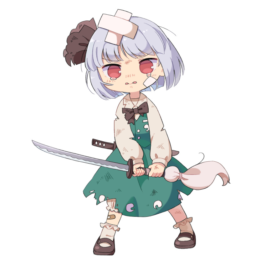 1girl bandaid bandaid_on_face black_neckwear black_ribbon bob_cut bow bowtie brown_footwear chibi full_body green_skirt hair_ribbon holding holding_sword holding_weapon katana konpaku_youmu looking_at_viewer red_eyes ribbon sasa_kichi shoes silver_hair skirt skirt_set socks solo standing sword tassel tears touhou transparent_background vest weapon white_legwear