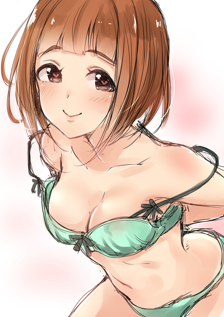 1girl adjusting_bra adjusting_clothes bangs bare_shoulders blunt_bangs blush bra breasts brown_eyes brown_hair cleavage collarbone eyebrows_visible_through_hair green_bra green_panties heart heart-shaped_pupils highres idolmaster idolmaster_cinderella_girls kitami_yuzu looking_at_viewer medium_breasts murabito_c navel off_shoulder panties short_hair simple_background smile solo symbol-shaped_pupils underwear waist