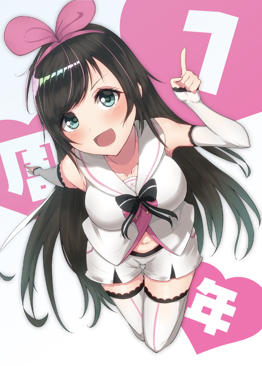 1girl a.i._channel absurdres bare_shoulders blue_eyes bow bowtie breasts brown_hair collarbone detached_sleeves hair_bow highres idol index_finger_raised kizuna_ai long_hair looking_at_viewer medium_breasts navel open_mouth shorts sleeveless smile solo stomach thigh-highs very_long_hair