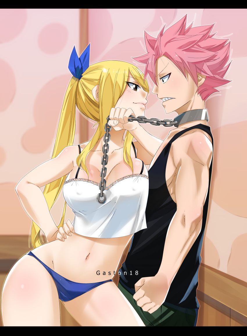 1boy 1girl absurdres against_wall artist_name assertive black_shirt blonde_hair blue_panties blue_ribbon breasts brown_eyes camisole chains choker cleavage clenched_hand closed_mouth collarbone contrapposto derivative_work erect_nipples eye_contact fairy_tail femdom gaston18 hair_ribbon hand_on_hip highres leash letterboxed lips long_hair looking_at_another lucy_heartfilia mashima_hiro natsu_dragneel navel panties pink_hair ponytail profile pulling ribbon role_reversal shirt sleeveless smile smirk standing stomach tank_top thighs twintails underwear wall_slam white_shirt