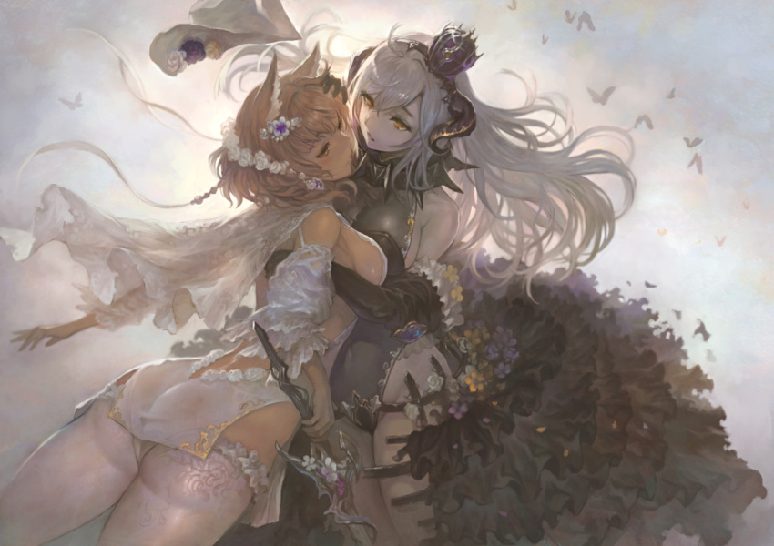 2girls animal_ears ass blonde_hair breasts butterfly cat_ears commentary_request crown detached_sleeves flower frills hair_flower hair_ornament horns lace large_breasts leotard long_hair mini_crown multiple_girls original pale_skin panties short_hair sideboob silver_hair thigh-highs underwear white_panties yellow_eyes yoshiku_(oden-usagi)