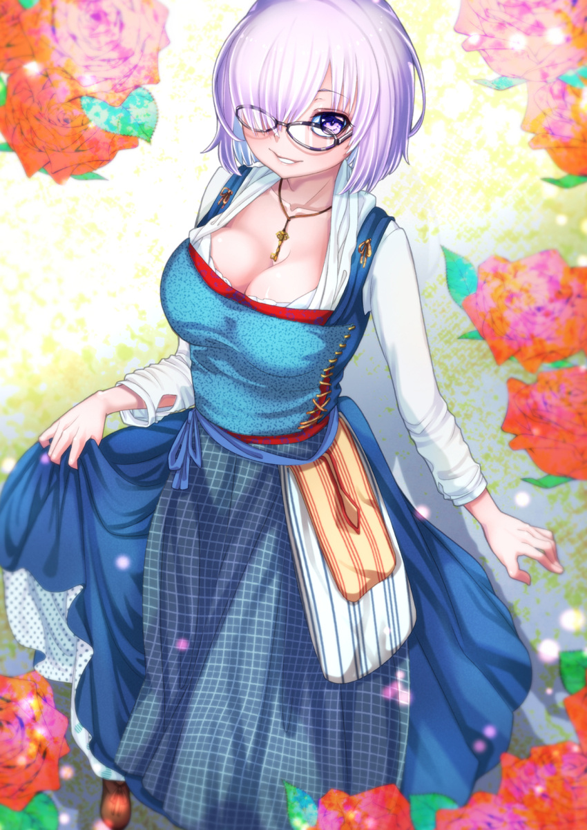 1girl blue-spinel blue_dress blue_skirt breasts brown_footwear cleavage dress fate/grand_order fate_(series) flower glasses hair_over_one_eye highres key key_necklace large_breasts looking_at_viewer mash_kyrielight purple_hair short_hair skirt skirt_hold solo standing violet_eyes