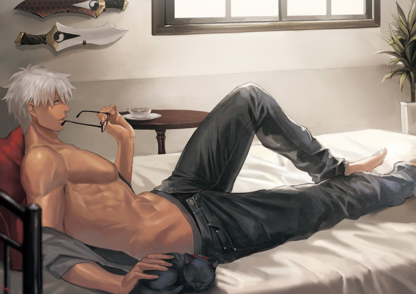 1boy archer barefoot bed cat cup dark_skin dark_skinned_male eyewear_removed fate/stay_night fate_(series) highres interior jakojakojako kanshou_&amp;_bakuya looking_at_viewer male_focus off_shoulder pants pectorals petting shirtless sleeping teacup toned toned_male underwear_peek unzipped white_hair window