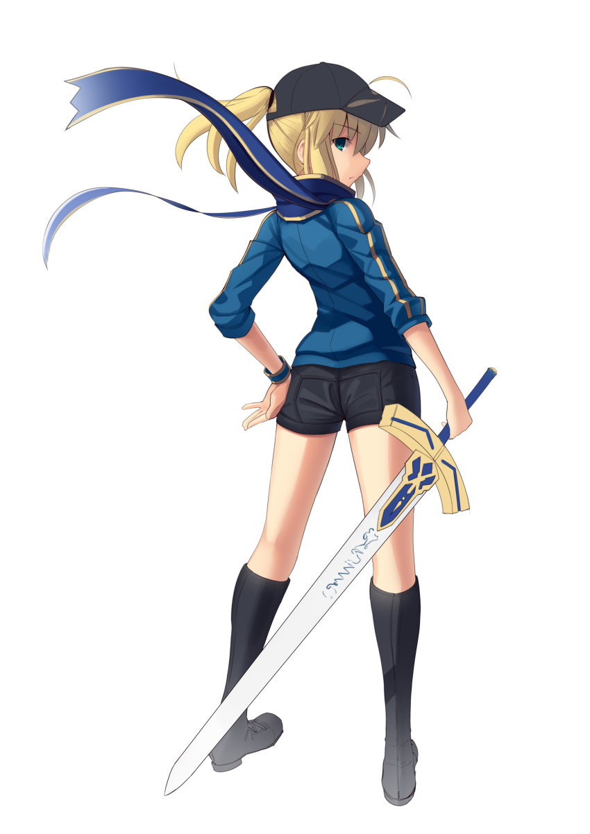 1girl absurdres artoria_pendragon_(all) baseball_cap black_footwear black_shorts blue_jacket blue_scarf boa_(brianoa) boots bracelet excalibur fate/grand_order fate_(series) full_body green_eyes hand_on_hip hat highres holding holding_sword holding_weapon jacket jewelry knee_boots long_sleeves looking_at_viewer looking_back mysterious_heroine_x parted_lips profile scarf short_shorts shorts simple_background sleeves_rolled_up solo standing sword weapon white_background