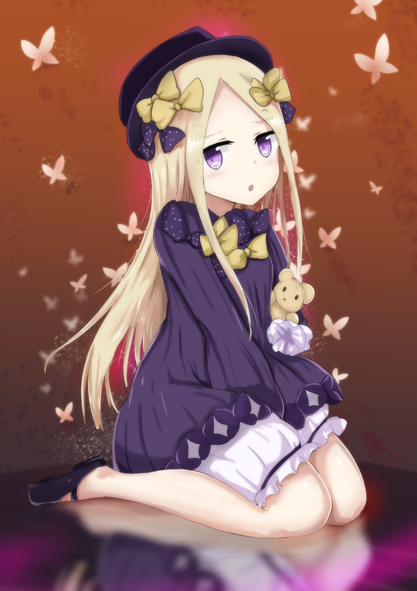 1girl :o abigail_williams_(fate/grand_order) absurdres bangs between_legs black_footwear blonde_hair bloomers blue_eyes blush bow butterfly commentary_request daru_(kumakumadon) dress eyebrows_visible_through_hair fate/grand_order fate_(series) forehead full_body hair_bow hand_between_legs hands_in_sleeves hat head_tilt highres long_hair long_sleeves looking_at_viewer object_hug orange_bow parted_bangs parted_lips polka_dot polka_dot_bow purple_bow purple_dress purple_hat reflection sitting solo stuffed_animal stuffed_toy teddy_bear underwear very_long_hair wariza white_bloomers