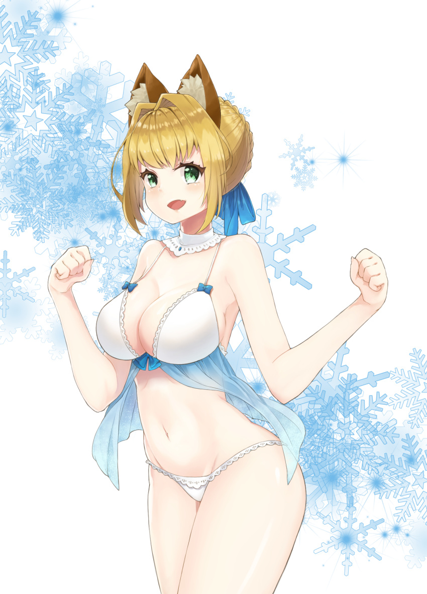 1girl :d animal_ears artoria_pendragon_(all) bare_arms bare_shoulders blonde_hair blue_ribbon blush bra breasts cleavage cowboy_shot detached_collar dog_ears fate/stay_night fate_(series) green_eyes groin hair_intakes hair_ribbon highres kemonomimi_mode large_breasts lingerie moko_(user_xrja3775) navel open_mouth panties paw_pose ribbon saber see-through shiny shiny_hair shiny_skin short_hair smile snowflake_print solo standing stomach thighs under-rim_eyewear underwear w_arms white_bra white_panties