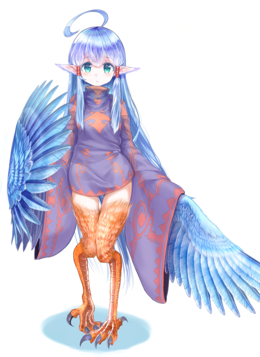 1girl ahoge animal_ears bangs bird_tail blue_eyes blue_hair claws dress eyebrows_visible_through_hair feathers full_body hair_tubes harpy highres knees_together_feet_apart long_hair long_sleeves looking_at_viewer monster_girl original purple_dress short_dress solo standing tail thigh_gap tk2k_jade whisker_markings wide_sleeves wings