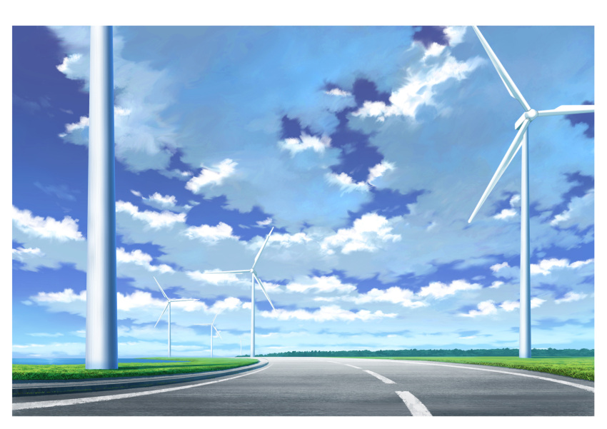 blue_sky clouds cloudy_sky commentary_request day grass hariken highres lake nature no_humans original outdoors road scenery sky water wind_turbine windmill