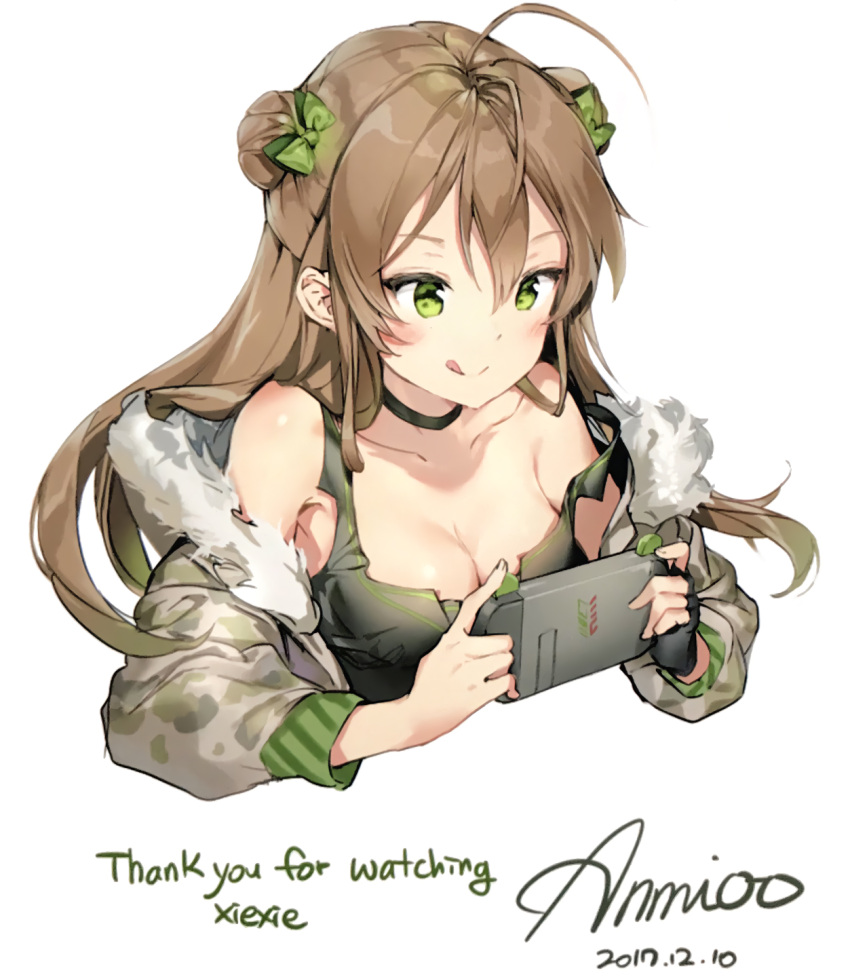1girl :q ahoge anmi artist_name black_gloves bow breasts brown_hair choker cleavage cropped dated double_bun fingerless_gloves fur_trim girls_frontline gloves green_eyes hair_between_eyes hair_bow half_updo handheld_game_console highres long_hair long_sleeves medium_breasts off_shoulder photo photoshop rfb_(girls_frontline) signature single_glove smile solo strap_slip thank_you tongue tongue_out upper_body