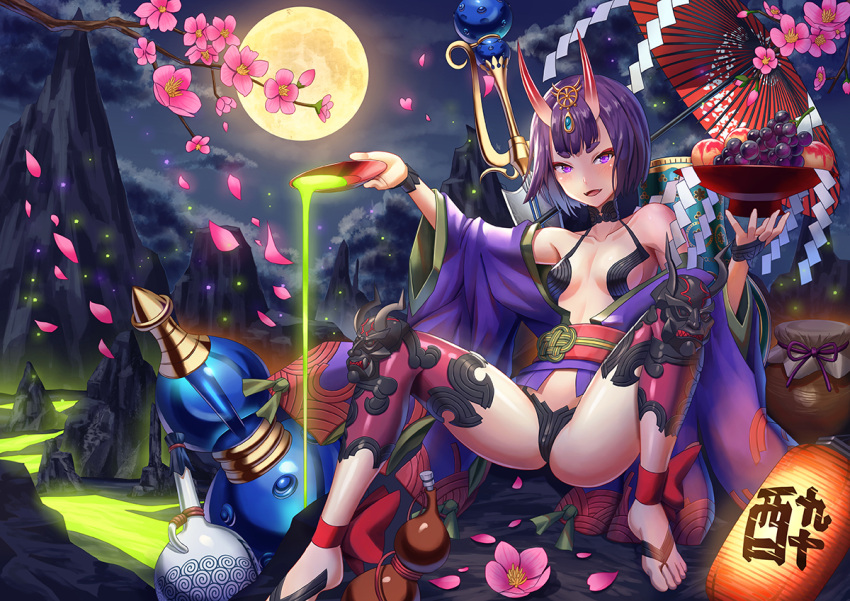 1girl bottle breasts clouds cloudy_sky collarbone fangs fate/grand_order fate_(series) flower full_moon hand_up horns japanese_clothes kimono lantern looking_at_viewer moon mountain night obi oni_horns open_mouth oriental_umbrella outdoors paper_lantern petals pink_flower pouring purple_hair purple_kimono revealing_clothes sake_bottle sash shide short_hair shuten_douji_(fate/grand_order) sitting sky small_breasts smile solo tako_seijin thick_eyebrows umbrella violet_eyes