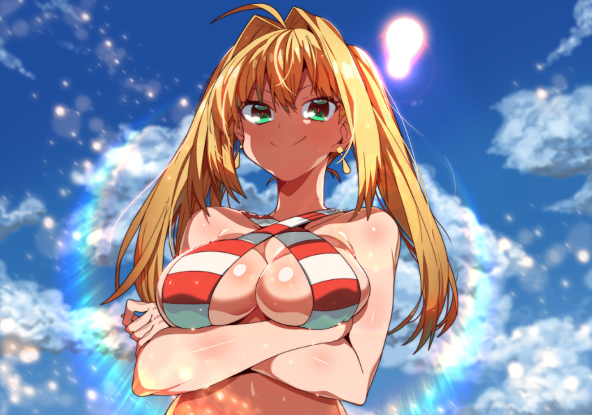 1girl ahoge bikini blonde_hair blue_sky breasts cleavage clouds crossed_arms earrings erere fate/grand_order fate_(series) green_eyes jewelry large_breasts long_hair looking_at_viewer nero_claudius_(fate)_(all) nero_claudius_(swimsuit_caster)_(fate) outdoors sky smile solo striped striped_bikini sun swimsuit twintails upper_body