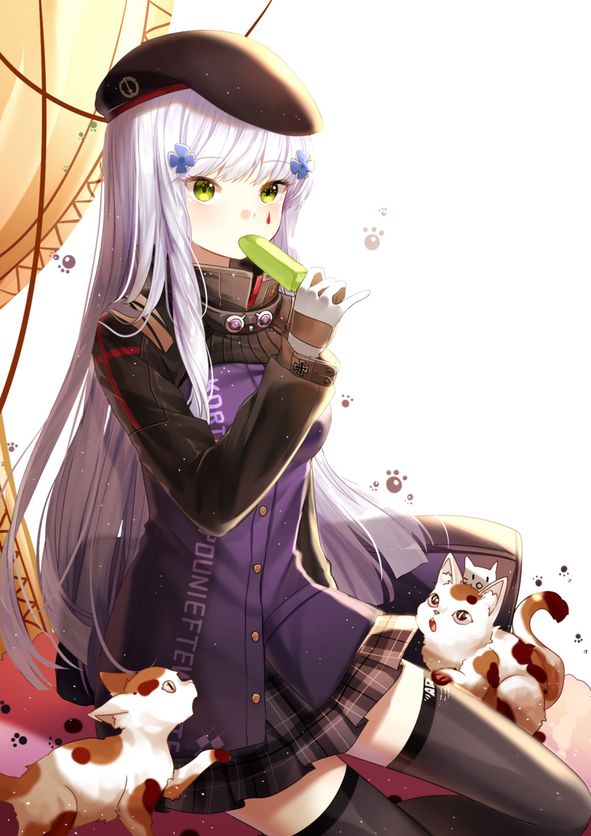1girl :o animal bag bangs beret black_hat black_legwear black_skirt blue_flower breasts buttons cat clothes_writing curtains eating expressionless eyebrows_visible_through_hair facial_mark flower food food_in_mouth girls_frontline gloves hair_flower hair_ornament hat high_collar highres hk416_(girls_frontline) holding holding_food iron_cross jacket latin_cross lepoule light_blue_hair long_hair long_sleeves looking_away medium_breasts medium_skirt paw_print pinky_out plaid plaid_skirt pleated_skirt popsicle purple_jacket sidelocks sitting skirt straight_hair thigh-highs transparent_background tsurime white_gloves yellow_eyes zettai_ryouiki