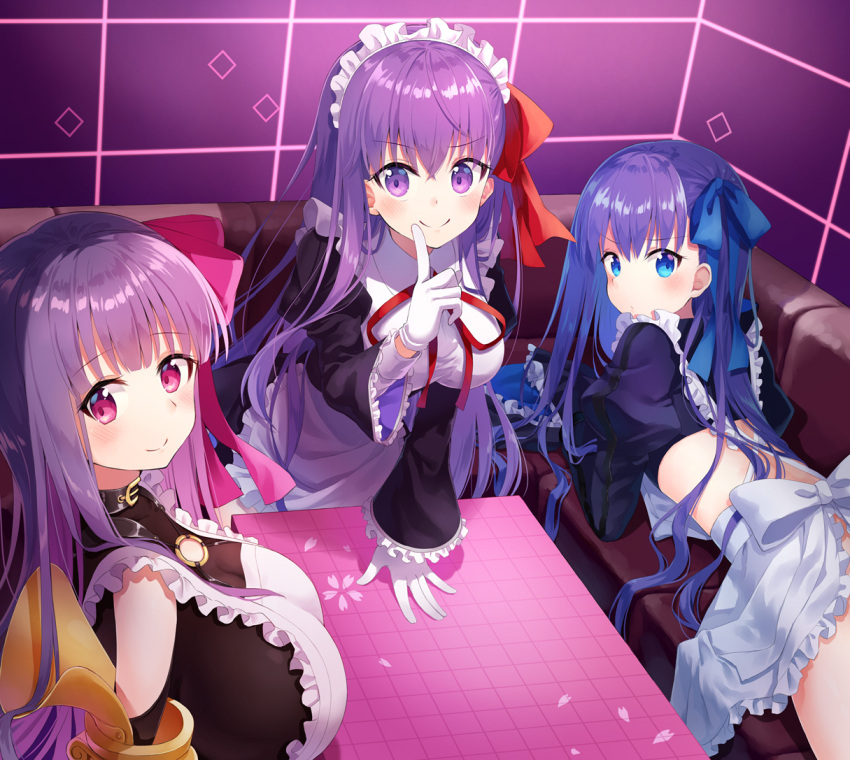 3girls apron bangs bb_(fate/extra_ccc) black_dress blue_eyes blue_hair blue_ribbon blunt_bangs blush breasts buckle cleavage closed_mouth collar couch crop_top dress eyebrows_visible_through_hair fate/extra fate/extra_ccc fate_(series) frilled_apron frilled_sleeves frills hair_ribbon hands_in_sleeves huge_breasts index_finger_raised indoors juliet_sleeves leaning_forward long_hair long_sleeves looking_at_viewer looking_back looking_to_the_side maid_headdress medium_breasts meltlilith multiple_girls neck_ribbon nonono on_couch passion_lip petals pink_eyes pink_ribbon puffy_sleeves purple_hair red_neckwear red_ribbon ribbon shiny shiny_hair smile smug table tareme upper_body v-shaped_eyebrows very_long_hair violet_eyes white_apron