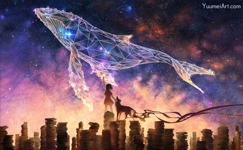 1girl book_stack brown_hair dog humpback_whale original pointing short_hair sky solo standing star_(sky) starry_sky watermark web_address wenqing_yan whale