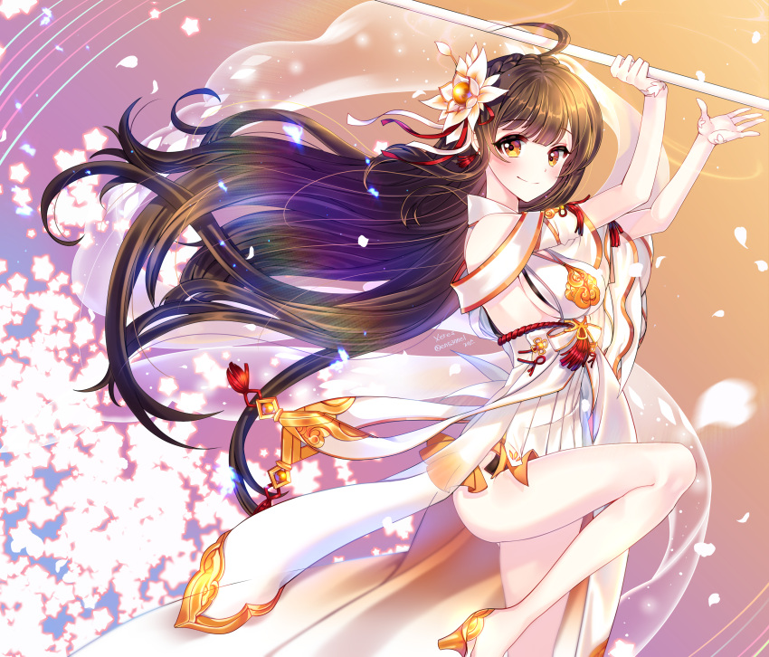 1girl ahoge apsara_(elsword) ara_han black_hair bow braid closed_mouth cowboy_shot crown_braid elsword flower gradient gradient_background hair_flower hair_ornament highres holding holding_staff legs long_hair looking_at_viewer orange_background orange_eyes purple_background sash skirt smile solo staff standing standing_on_one_leg star white_skirt xes_(xes_5377)