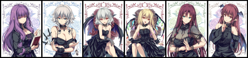 6+girls alternate_costume bangs bare_shoulders bat_wings between_fingers black_bow black_dress black_gloves black_wings blonde_hair blue_eyes book bow braid breasts cleavage closed_mouth dress eyebrows_visible_through_hair flandre_scarlet flower gloves head_wings highres holding holding_book hong_meiling index_finger_raised izayoi_sakuya knife koakuma large_breasts long_hair long_image long_sleeves looking_at_viewer moneti_(daifuku) multiple_girls open_mouth own_hands_together patchouli_knowledge pocket_watch pointy_ears purple_hair red_eyes red_rose redhead remilia_scarlet rose silver_hair smile touhou twin_braids violet_eyes watch wide_image wings wrist_cuffs