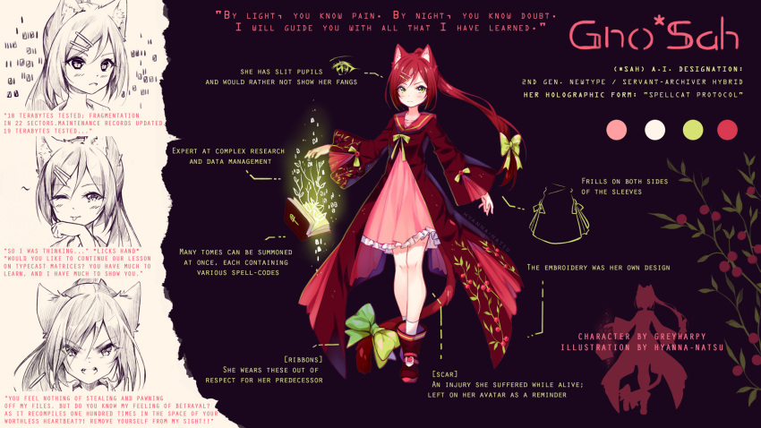 1girl ;p angry animal_ears ankle_boots artist_name binary blush book boots borrowed_character bow cat_ears cat_tail cherry_print closed_mouth coat color_guide commission directional_arrow dress english eyebrows_visible_through_hair fangs floating_object food_print frilled_dress frilled_sleeves frills full_body glowing green_bow green_eyes grimoire hair_between_eyes hair_bow highres hyanna-natsu kneehighs long_hair long_sleeves multiple_views one_eye_closed open_book open_clothes open_coat original partially_colored pink_dress ponytail red_coat red_footwear redhead scar slit_pupils smile standing tail tail_bow tareme tongue tongue_out v-shaped_eyebrows white_legwear wide_sleeves