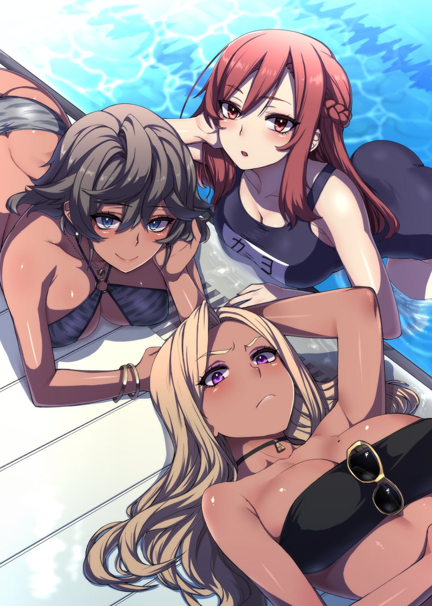 3girls angelo_(gomahangetsu) animal_print arm_up bandeau bangs bent_over bikini black_bikini blue_eyes bracelet braid breasts brown_hair chin_rest choker cleavage closed_mouth dark_skin eyebrows_visible_through_hair eyeliner hair_between_eyes highres jewelry large_breasts light_brown_hair lips long_hair looking_at_viewer lying makeup mole mole_on_breast multiple_girls o-ring_bikini o-ring_top on_back on_stomach outdoors parted_bangs parted_lips partially_submerged poolside print_bikini school_swimsuit short_hair sunglasses swimsuit violet_eyes