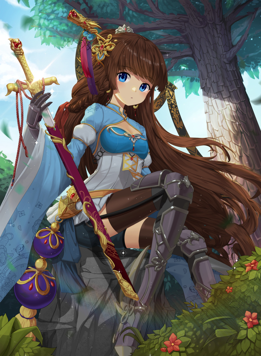 1girl absurdres armor armored_boots bangs belt black_shorts blue_dress blue_eyes blue_sky blunt_bangs boots braid breasts brown_hair brown_legwear bush chains cleavage cleavage_cutout commentary day dress earrings eyebrows_visible_through_hair falling_leaves floating_hair floral_print flower from_below full_body gauntlets gem glint hair_ornament hair_stick highres holding holding_sword holding_weapon hoop_earrings jewelry lepoule long_hair long_sleeves looking_at_viewer motion_blur original outdoors parted_lips print_dress rainbow red_flower rock rope scabbard sheath shiny shiny_hair shorts sitting sky small_breasts solo sparkle sword tassel thigh-highs tiara tree very_long_hair weapon wide_sleeves wind