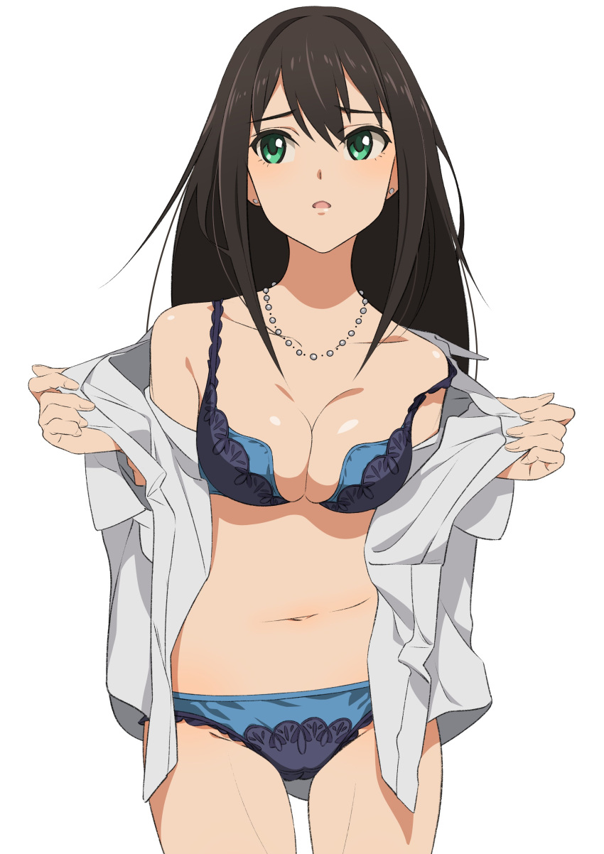 1girl :o absurdres bangs bare_shoulders black_hair blush bra breasts cleavage collarbone cowboy_shot earrings eyebrows_visible_through_hair fukushi_ryouhei green_eyes groin highres idolmaster idolmaster_cinderella_girls jewelry long_hair looking_away looking_to_the_side medium_breasts navel necklace off_shoulder open_clothes open_mouth open_shirt panties pearl_necklace purple_bra purple_panties shibuya_rin shirt simple_background solo standing stomach strap_slip stud_earrings underwear undressing white_background white_shirt