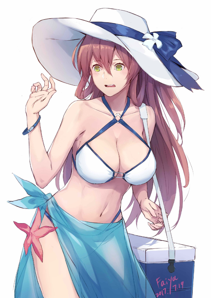 1girl absurdres artist_name artist_request bikini breasts brown_hair cleavage criss-cross_halter dated eyebrows_visible_through_hair girls_frontline green_eyes hair_between_eyes halterneck hat hat_ribbon highres ice_box large_breasts long_hair m1903_springfield_(girls_frontline) navel o-ring_bikini o-ring_top open_mouth ribbon sarong simple_background solo sun_hat swimsuit white_background white_bikini wristband