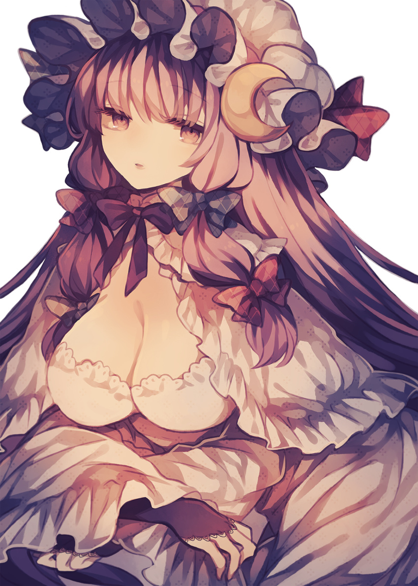 1girl blue_bow bow breasts bridal_gauntlets capelet cleavage crescent crescent_moon_pin expressionless hair_bow hat highres large_breasts long_hair looking_at_viewer mob_cap patchouli_knowledge purple_hair red_bow simple_background solo touhou upper_body very_long_hair violet_eyes white_background wiriam07