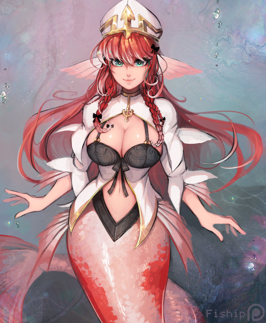 1girl absurdres afloat alternate_color alternate_hair_color animal_ears blue_eyes breasts bright_pupils bubble bustier closed_mouth commentary fins floating_hair hair_between_eyes hat head_fins highres large_breasts long_hair long_sleeves looking_at_viewer matilda_vin mermaid monster_girl monster_girl_encyclopedia navel patreon_logo patreon_username priestess redhead sea_bishop smile solo underwater