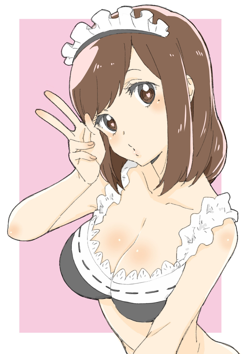 1girl absurdres bangs bare_arms bare_shoulders blush breasts brown_eyes brown_hair cleavage donguri_suzume hand_up head_tilt heart heart-shaped_pupils highres large_breasts looking_at_viewer maid maid_bikini maid_headdress mole mole_under_eye original pink_background simple_background solo symbol-shaped_pupils upper_body v
