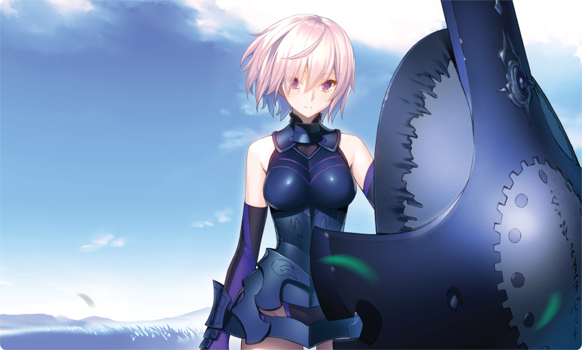 1girl armor bare_shoulders blue_sky blurry breasts clouds cowboy_shot day depth_of_field elbow_gloves eyebrows_visible_through_hair fate/grand_order fate_(series) gloves groin hair_between_eyes leotard light_smile looking_at_viewer mash_kyrielight medium_breasts outdoors pink_hair shield sky solo violet_eyes yangsion