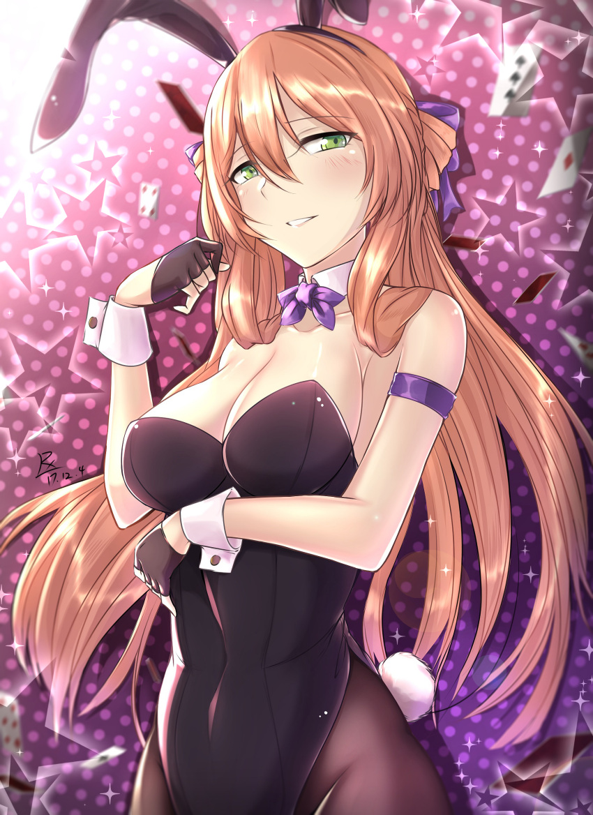 1girl absurdres animal_ears blush breasts brown_hair bunny_girl bunny_tail bunnysuit cleavage fingerless_gloves girls_frontline gloves green_eyes highres long_hair looking_at_viewer m1903_springfield_(girls_frontline) rabbit_ears sleeve_cuffs smile solo tail zhishi_ge_fangzhang