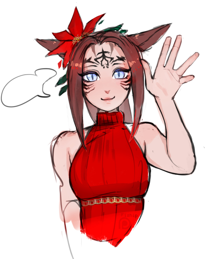 1girl :3 animal_ears bare_arms bare_shoulders blue_eyes brown_hair cat_ears closed_mouth cropped_arms cropped_torso dress facial_tattoo final_fantasy final_fantasy_xiv hair_ornament hand_up highres light_blue_hair long_hair matilda_vin miqo'te red_dress simple_background sketch slit_pupils smile solo tattoo waving white_background