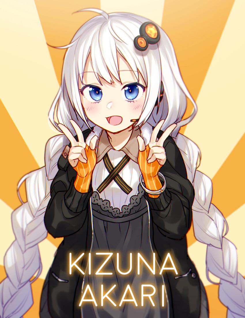 1girl ahoge ai_kusunoki blue_eyes braid character_name dress eyebrows_visible_through_hair gloves hair_ornament highres jacket kizuna_akari long_hair long_sleeves looking_at_viewer orange_gloves orange_legwear solo striped twin_braids twintails vertical_stripes very_long_hair voiceroid