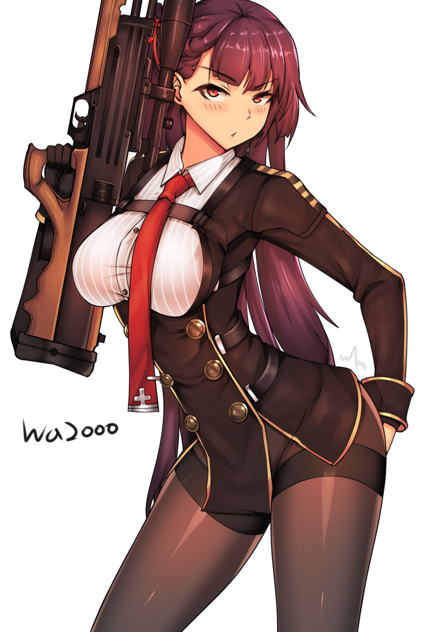 1girl absurdres bangs black_gloves black_legwear blush breasts bullpup chocolate_hair clyde_s collared_shirt eyebrows_visible_through_hair girls_frontline gloves gun hair_ribbon hand_on_own_ass head_tilt highres holding holding_gun holding_weapon large_breasts leaning long_hair looking_at_viewer necktie one_side_up open_mouth pantyhose purple_hair red_eyes ribbon rifle shirt side_ponytail simple_background sniper_rifle solo strap striped striped_shirt thighband_pantyhose trigger_discipline tsundere very_long_hair wa2000_(girls_frontline) walther walther_wa_2000 weapon