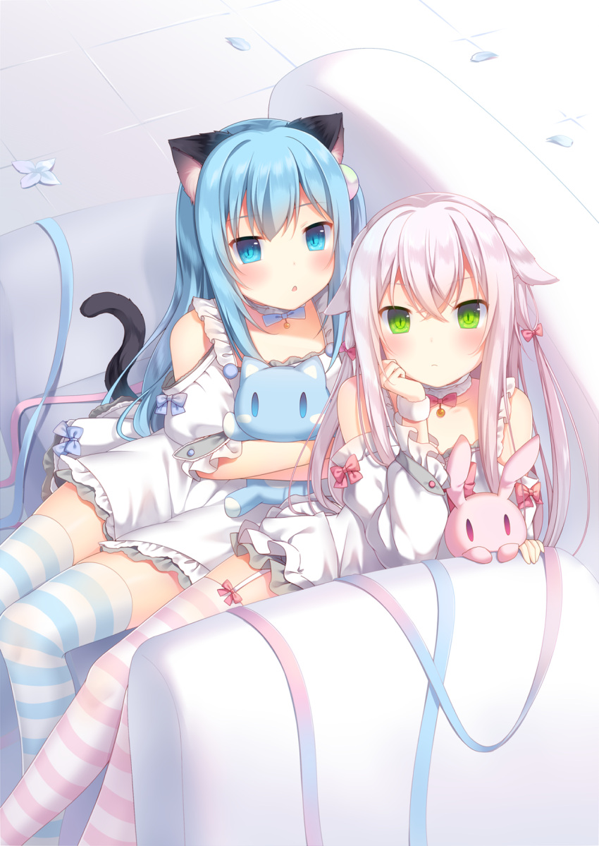 2girls :o amashiro_natsuki animal_ears arm_support bangs blue_eyes blue_hair blue_ribbon blush bow cat_ears cat_girl cat_tail closed_mouth commentary_request couch dress ears_down eyebrows_visible_through_hair garter_straps green_eyes hair_between_eyes hair_bow hair_ornament head_rest highres long_hair long_sleeves looking_at_viewer multiple_girls on_couch one_side_up original parted_lips petals pink_bow pink_ribbon puffy_short_sleeves puffy_sleeves rabbit_ears ribbon short_sleeves silver_hair sitting slit_pupils striped striped_legwear stuffed_animal stuffed_bunny stuffed_cat stuffed_toy tail thigh-highs tile_floor tiles very_long_hair white_choker white_dress