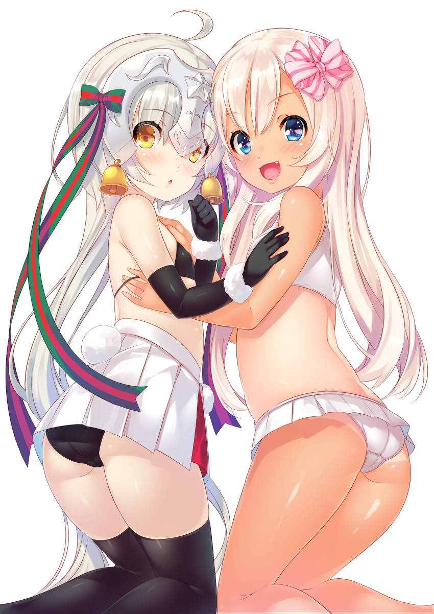 2girls absurdres ahoge ass bangs bell bikini bikini_under_clothes black_bikini black_gloves black_legwear blue_eyes blush bow commentary_request dark_skin elbow_gloves eyebrows_visible_through_hair fang fate/grand_order fate_(series) flat_chest from_side gloves hair_bow hair_ornament hand_on_another's_chest headpiece highres jeanne_d'arc_(fate)_(all) jeanne_d'arc_alter_santa_lily kantai_collection kneeling looking_at_viewer mayuzaki_yuu multiple_girls open_mouth pink_bow ro-500_(kantai_collection) silver_hair simple_background skirt swimsuit tan tanline tareme thigh-highs white_background white_bikini white_skirt yellow_eyes