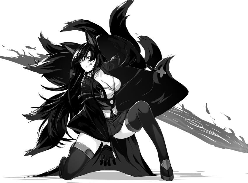 1girl akagi_(azur_lane) animal_ears azur_lane bangs between_legs breasts cleavage evil_smile flight_deck fox_ears fox_tail ganesagi gloves greyscale hand_between_legs japanese_clothes kimono large_breasts long_hair long_sleeves magic monochrome multiple_tails obi one_knee pleated_skirt sanpaku sash short_kimono simple_background skirt smile solo tail thigh-highs tongue tongue_out very_long_hair white_background