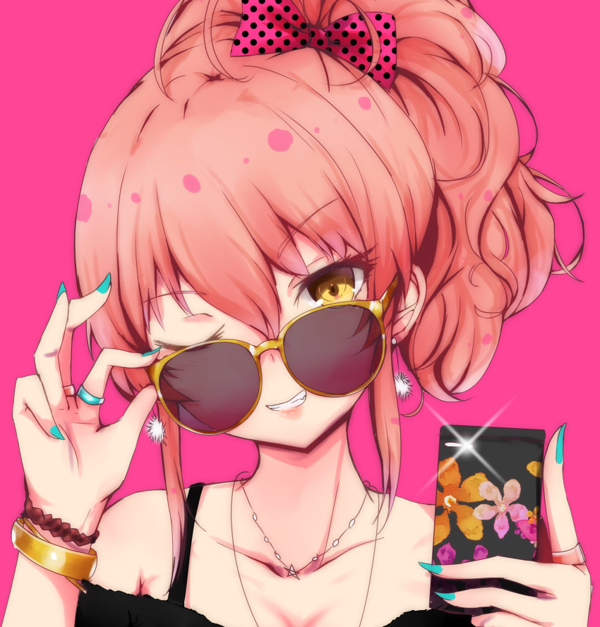 1girl adjusting_eyewear bangs bare_shoulders blue_nails bow bracelet cellphone collarbone earrings eyelashes grin hair_bow highres holding holding_cellphone holding_phone idolmaster idolmaster_cinderella_girls jewelry jougasaki_mika long_hair nail_polish necklace off_shoulder one_eye_closed phone pink_background pink_hair polka_dot polka_dot_bow ponytail ring ryuu. simple_background smile solo sunglasses yellow-framed_eyewear yellow_eyes