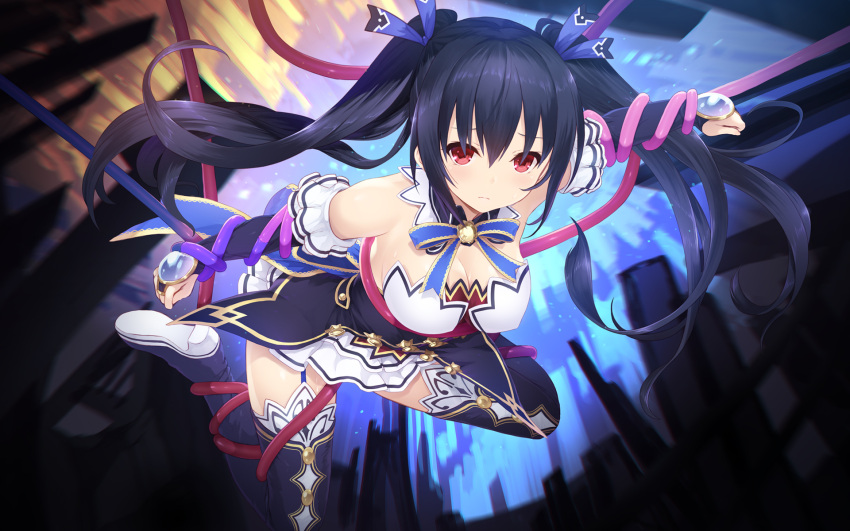 1girl bare_shoulders black_hair black_legwear blue_ribbon boots breasts cait choker cleavage detached_collar detached_sleeves frills frown full_body garter_straps hair_ribbon highres long_hair looking_at_viewer medium_breasts neptune_(series) noire red_eyes restrained ribbon ribbon_choker skirt solo thigh-highs thigh_boots twintails white_skirt