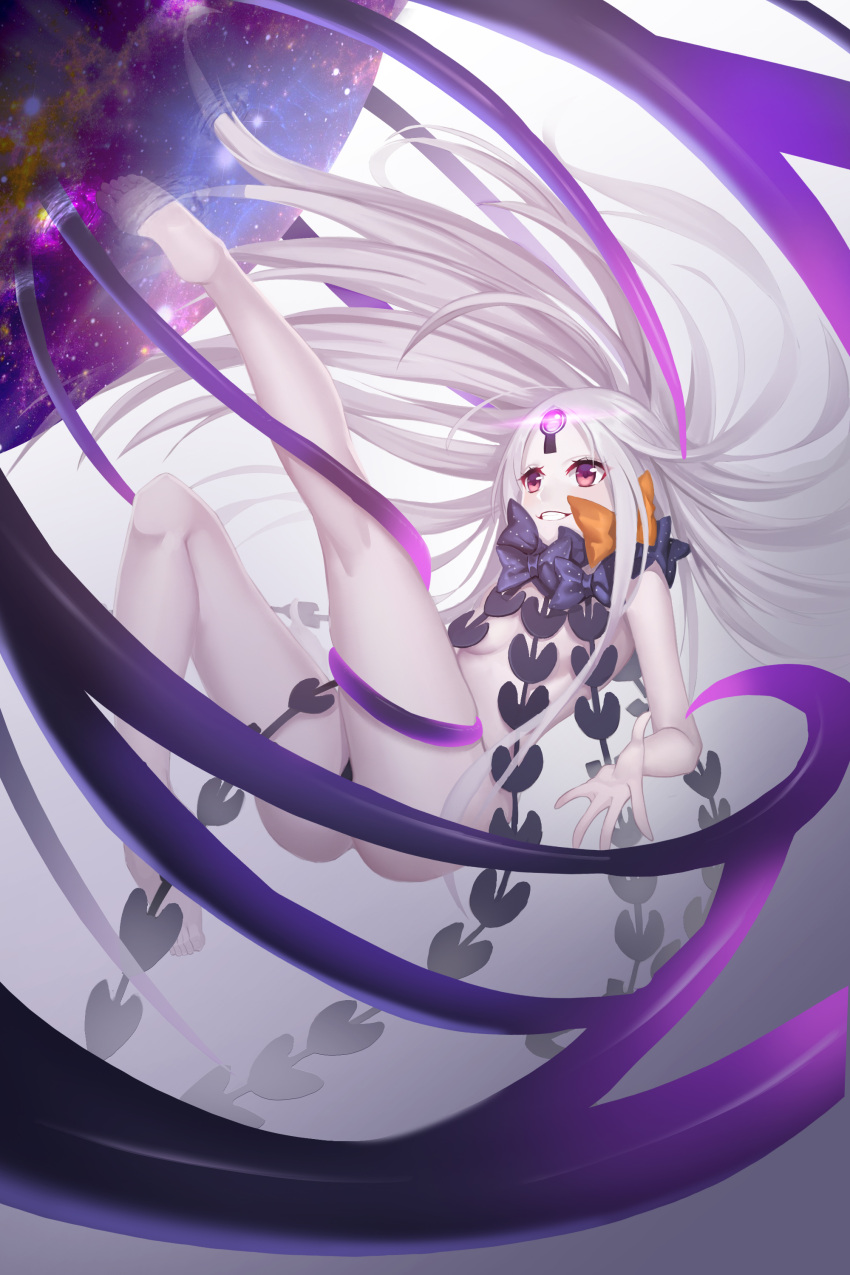 1girl abigail_williams_(fate/grand_order) absurdres ass bare_arms bare_legs barefoot black_bow blush bow breasts commentary_request facial_mark fate/grand_order fate_(series) floating forehead_mark gaoyang_ou_nisang grin highres keyhole long_hair nebula orange_bow orb red_eyes revealing_clothes revision silver_hair sky small_breasts smile solo space star_(sky) starry_sky tentacle very_long_hair