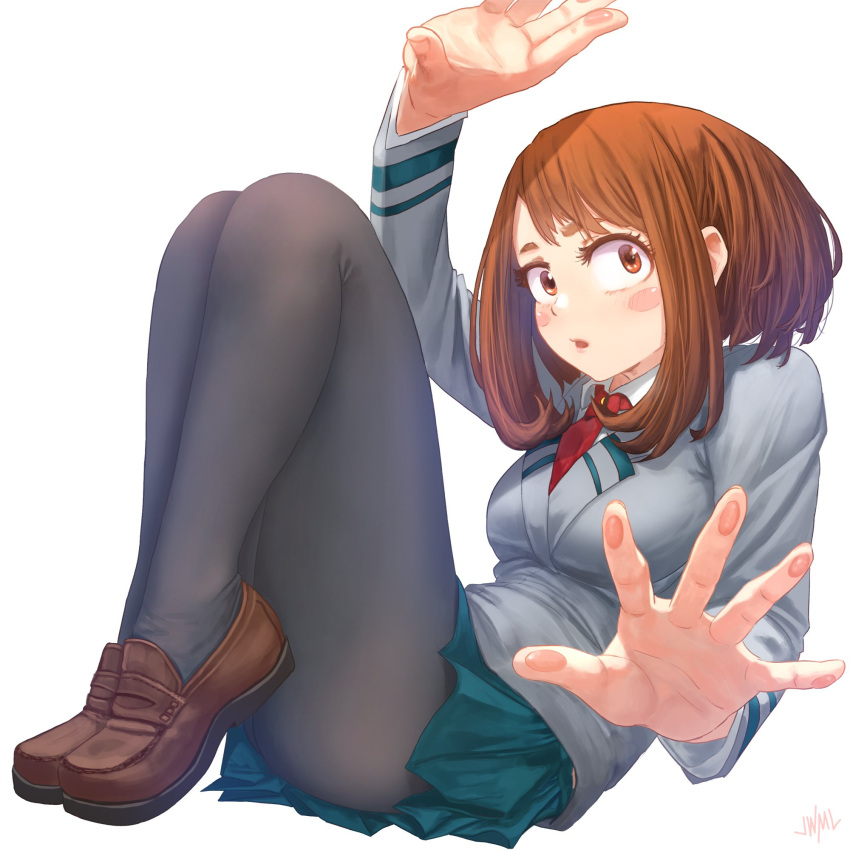 :o bangs blush_stickers boku_no_hero_academia brown_eyes brown_footwear brown_hair collared_shirt commentary full_body green_skirt grey_jacket grey_legwear highres jacket justin_leyva_(steamy_tomato) legs_together long_sleeves looking_at_viewer necktie pantyhose parted_lips pleated_skirt red_neckwear sanpaku school_uniform shirt shoes short_hair simple_background skirt uraraka_ochako whi white_background white_shirt wing_collar