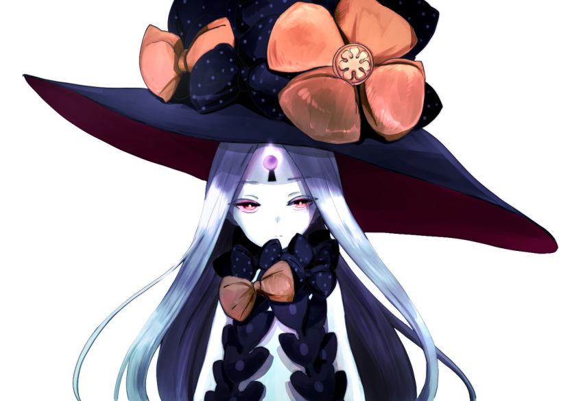 1girl abigail_williams_(fate/grand_order) arms_at_sides bangs black_bow black_hat bow closed_mouth commentary_request eyebrows_visible_through_hair fate/grand_order fate_(series) glowing hat hat_bow keyhole long_hair orange_bow pale_skin parted_bangs polka_dot polka_dot_bow red_eyes revealing_clothes silver_hair simple_background solo white_background witch_hat yukishima