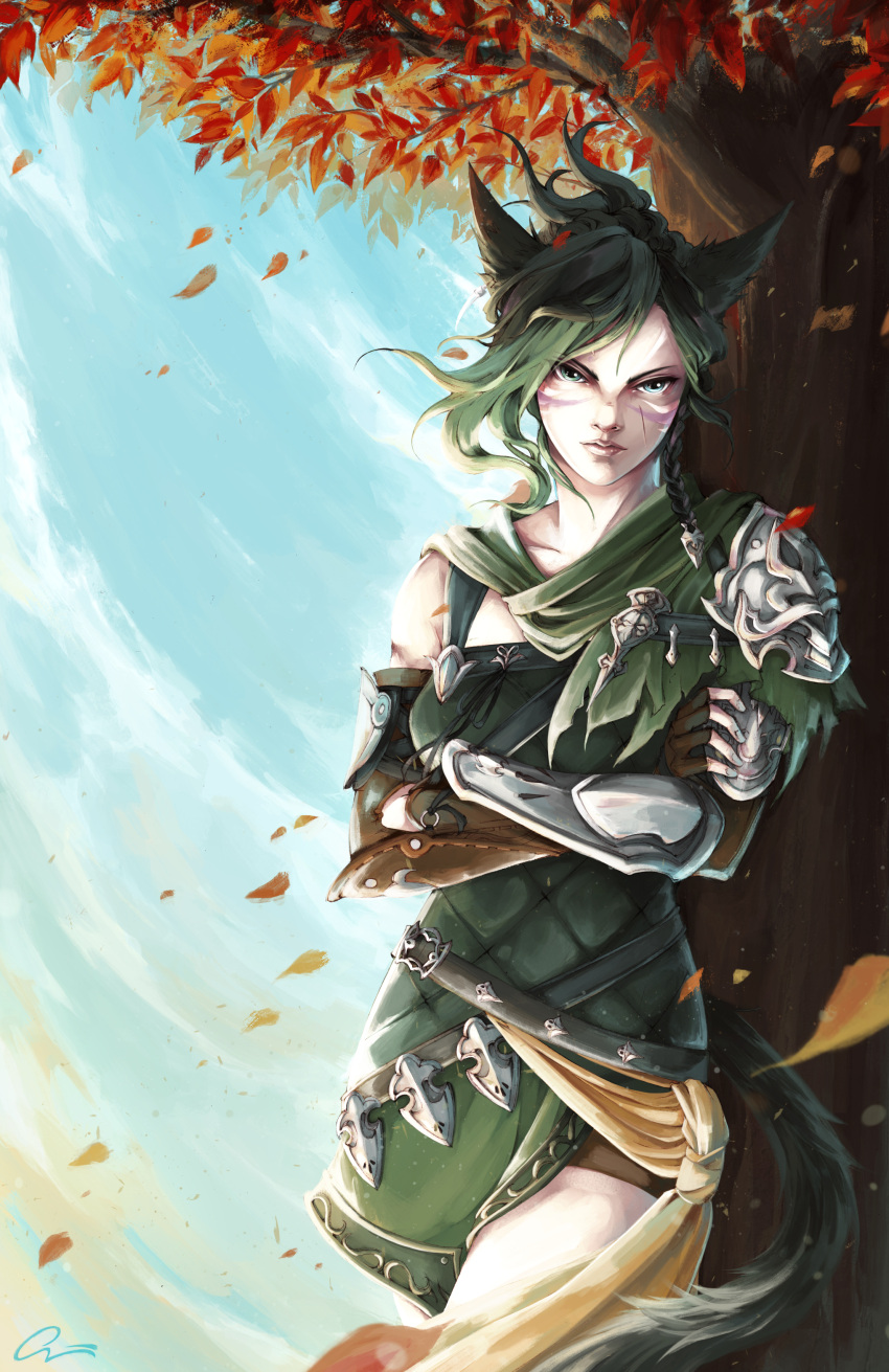 1girl absurdres autumn_leaves blue_sky braid cat_tail commentary commission facial_mark final_fantasy final_fantasy_xiv fingerless_gloves gloves green_eyes green_hair highres leaning_on_object looking_at_viewer miqo'te onyrica outdoors scar short_hair sky solo tail tree wind